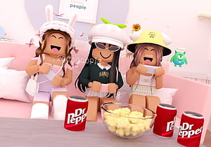 Three Roblox Avatars Enjoying a Movie Night with Popcorn and Dr Pepper in a Cozy Pink Room HD wallpaper