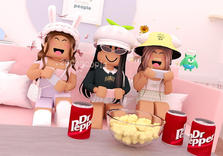 Three Roblox Avatars Enjoying a Movie Night with Popcorn and Dr Pepper in a Cozy Pink Room HD wallpaper