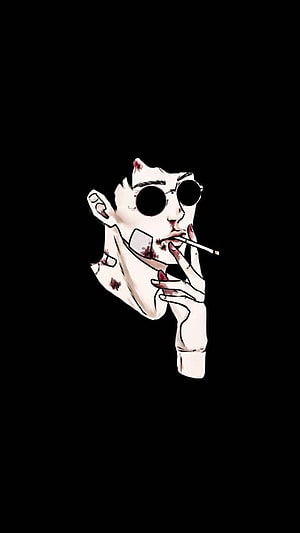 Stylized illustration of a man with round sunglasses smoking a cigarette against a black background, Bad Boy For Mobile, bad boy smoking HD phone wallpaper