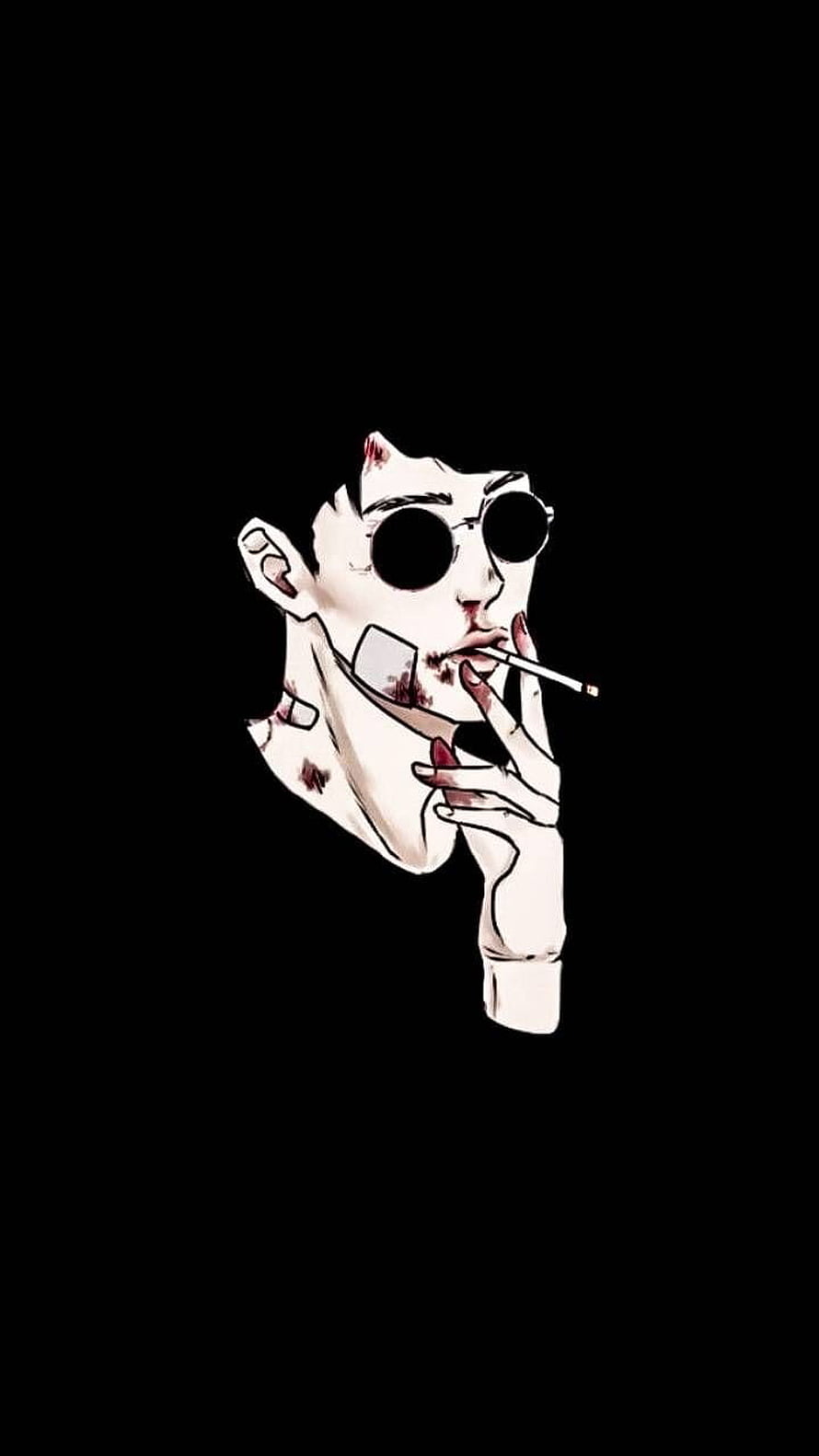 Stylized illustration of a man with round sunglasses smoking a cigarette against a black background HD phone wallpaper