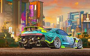 Cyberpunk 2077 Night City Custom Supercar with Neon Livery and Exposed Exhaust HD wallpaper