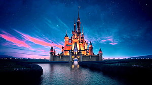 Disney Castle at Night with Starry Sky and Water Reflection HD wallpaper