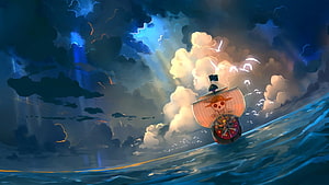One Piece Thousand Sunny sailing through a dramatic stormy ocean with lightning and dark clouds HD wallpaper