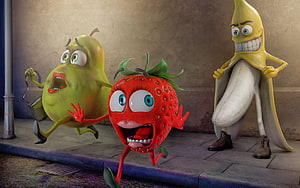 Sausage Party Animated Fruit Characters Running on a City Sidewalk HD wallpaper