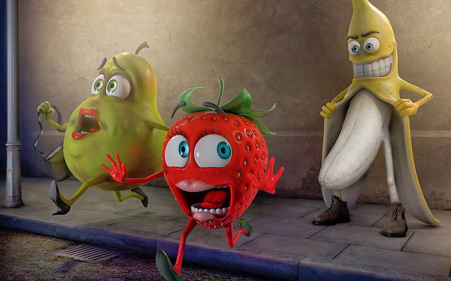 Sausage Party Animated Fruit Characters Running on a City Sidewalk HD wallpaper