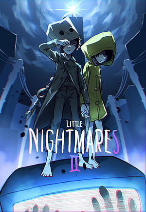 Little Nightmares II featuring Mono and Six in a dark, surreal cityscape with a glowing star overhead HD phone wallpaper