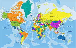Colorful Political World Map with Country Borders and Ocean Labels HD wallpaper