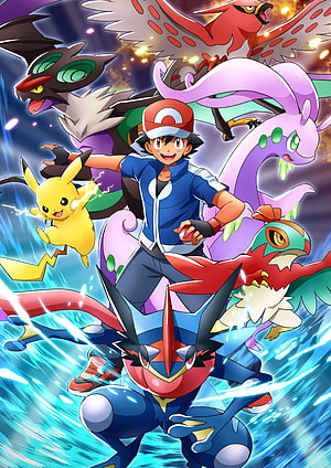 Ash Ketchum and His Legendary Pokemon Team in Dynamic Action Pose HD phone wallpaper