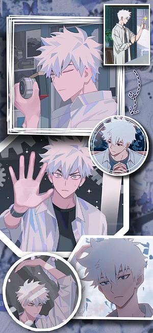 Lu Guang anime character collage with white spiky hair and camera HD phone wallpaper