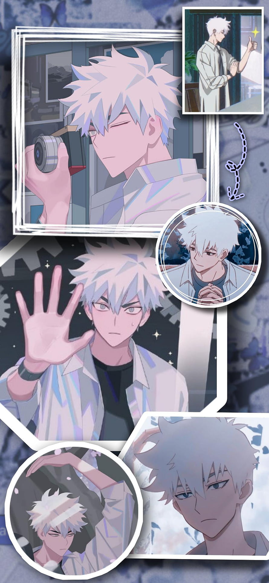 Lu Guang anime character collage with white spiky hair and camera HD phone wallpaper