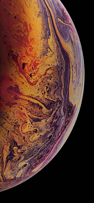Vibrant Swirling Planet Surface with Orange and Purple Marbled Patterns on Black Background HD phone wallpaper