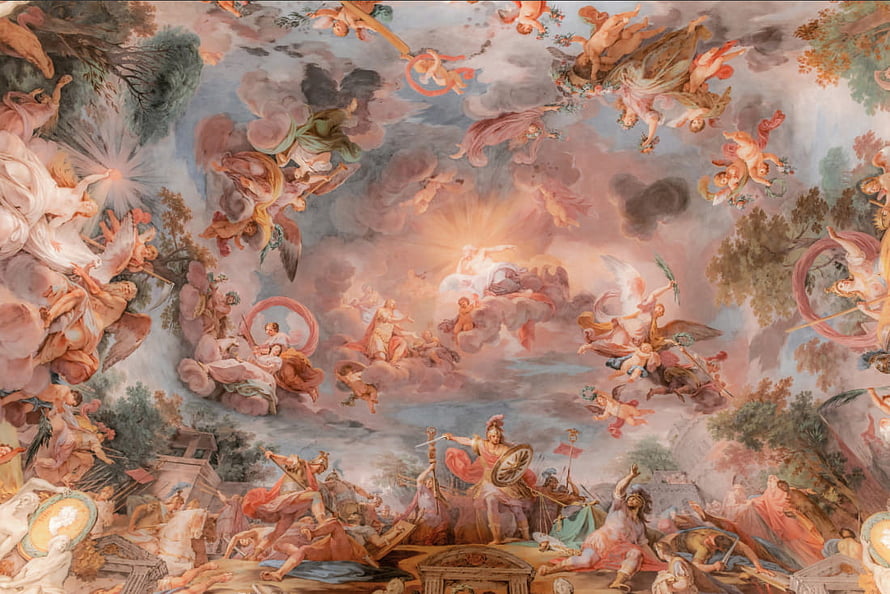 Baroque Ceiling Fresco Depicting Divine Figures and Celestial Clouds HD wallpaper