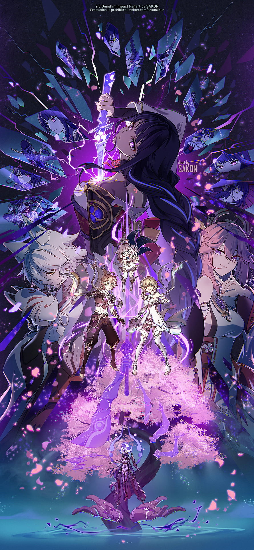 Genshin Impact Raiden Shogun, Yae Miko, and Paimon in a Vibrant Purple Fantasy Illustration HD phone wallpaper