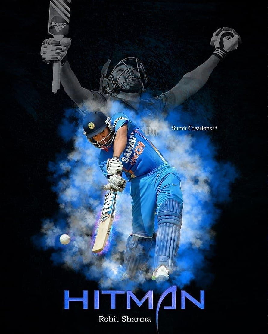 Rohit Sharma Cricket Action Artwork with Blue Smoke Effect and Hitman Text HD phone wallpaper