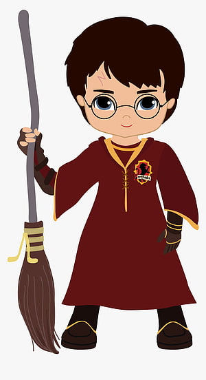 Cute Chibi Harry Potter in Gryffindor Robe Holding a Broomstick HD phone wallpaper