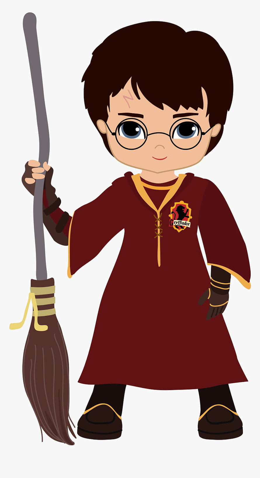 Cute Chibi Harry Potter in Gryffindor Robe Holding a Broomstick HD phone wallpaper