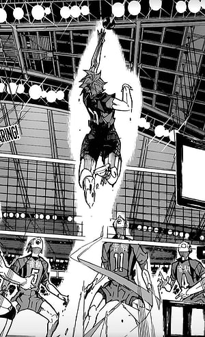 Haikyuu Manga Panel of a Spiker Jumping to Hit the Ball Over the Net HD phone wallpaper