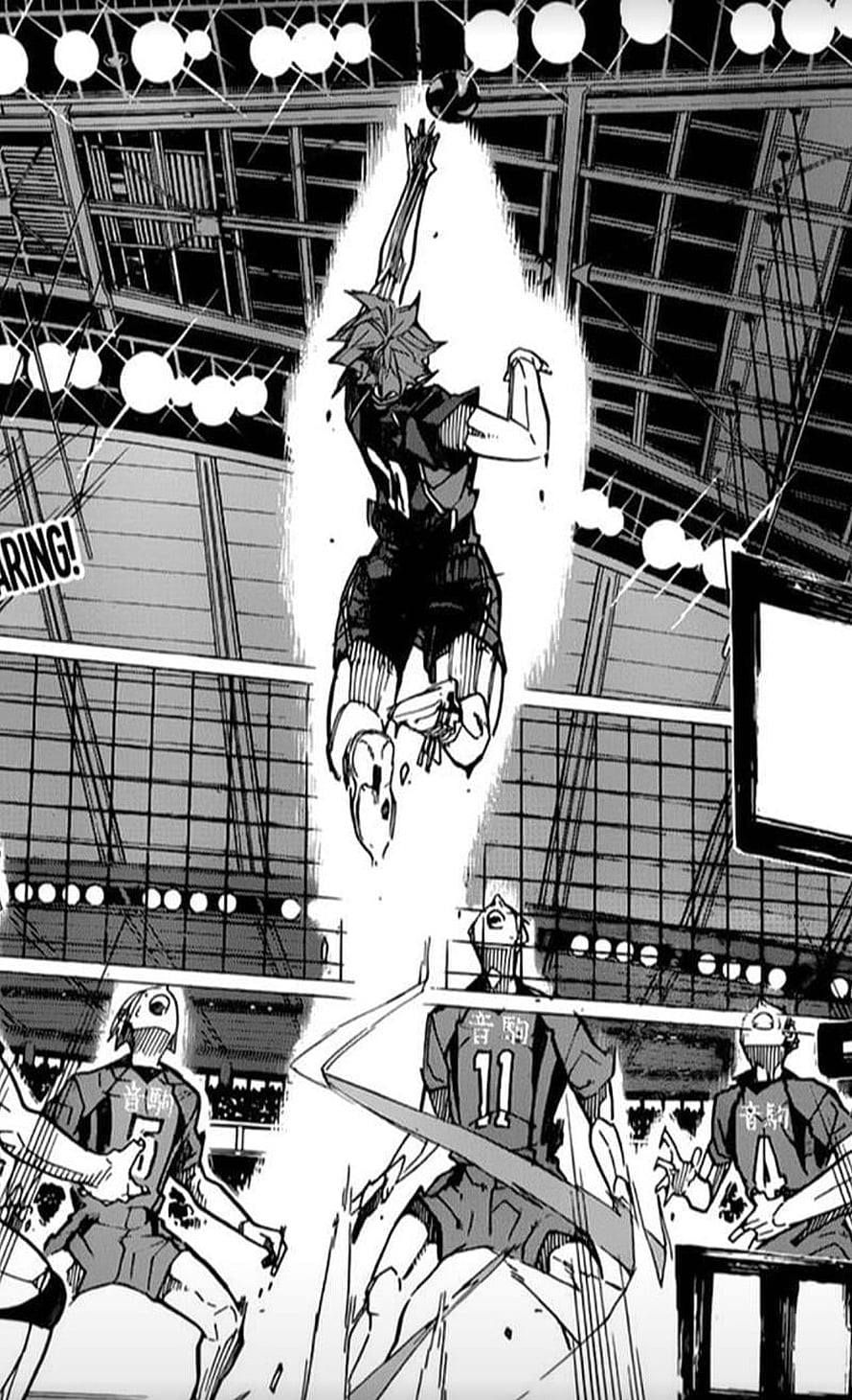 Haikyuu Manga Panel of a Spiker Jumping to Hit the Ball Over the Net HD phone wallpaper