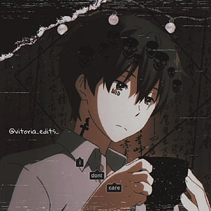 Grunge Anime Boy Holding Black Mug With Skull Patterns And Dark Aesthetic Text Overlay HD phone wallpaper