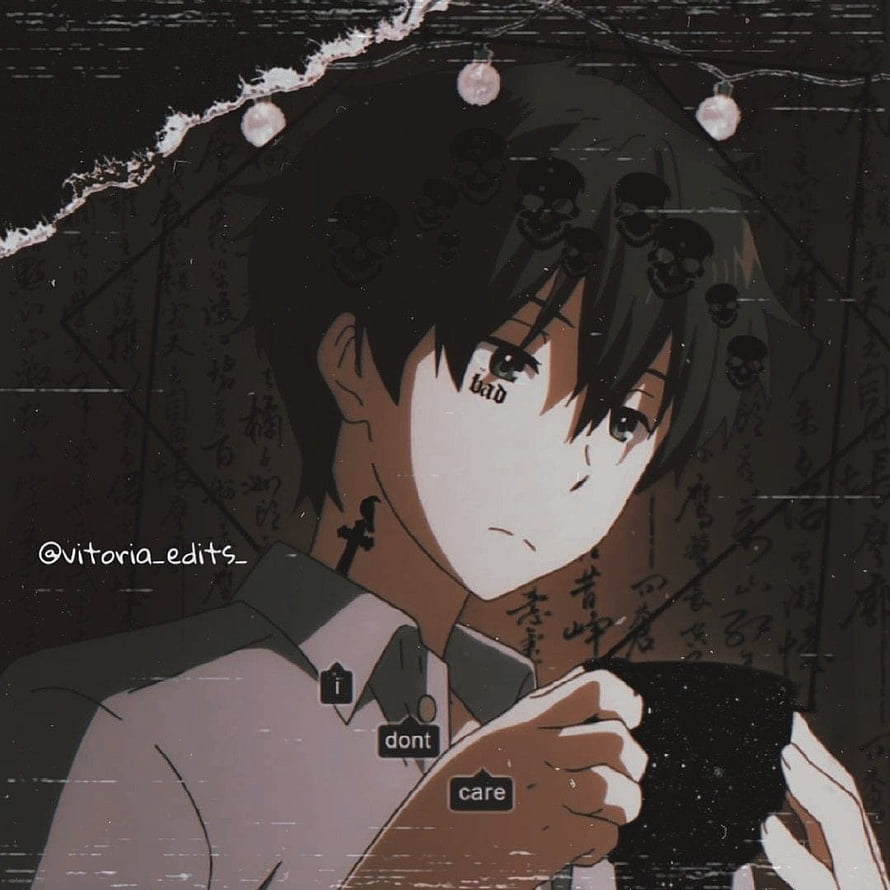 Grunge Anime Boy Holding Black Mug With Skull Patterns And Dark Aesthetic Text Overlay HD phone wallpaper