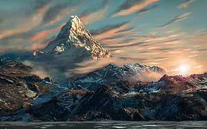 Erebor Lonely Mountain at Sunset from The Hobbit Fantasy Landscape HD wallpaper