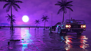 Retro Wave Sports Car on Wet Beach at Night with Neon Purple Sky and Palm Trees HD wallpaper
