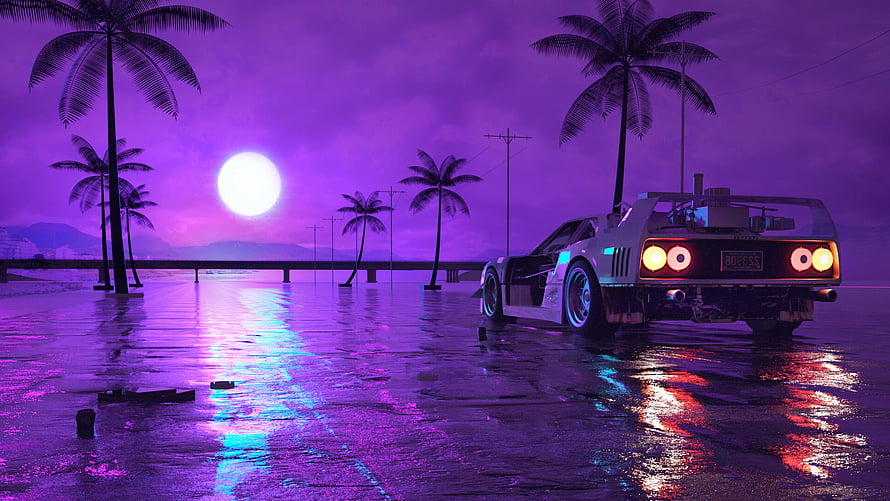 Retro Wave Sports Car on Wet Beach at Night with Neon Purple Sky and Palm Trees HD wallpaper