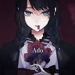 Ado Anime Illustration Dark Gothic Girl with Black Braids and Blood Red Roses HD phone wallpaper