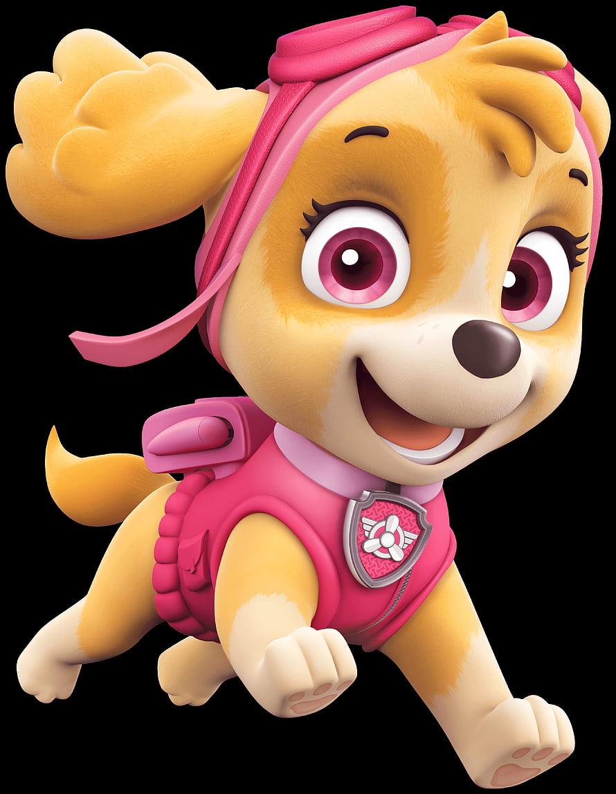 Skye from PAW Patrol in pink flight suit and goggles, 3D cartoon puppy character on black background HD phone wallpaper