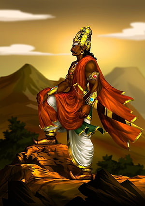 Lord Karna Standing on Rocky Outcrop in Traditional Indian Attire HD phone wallpaper