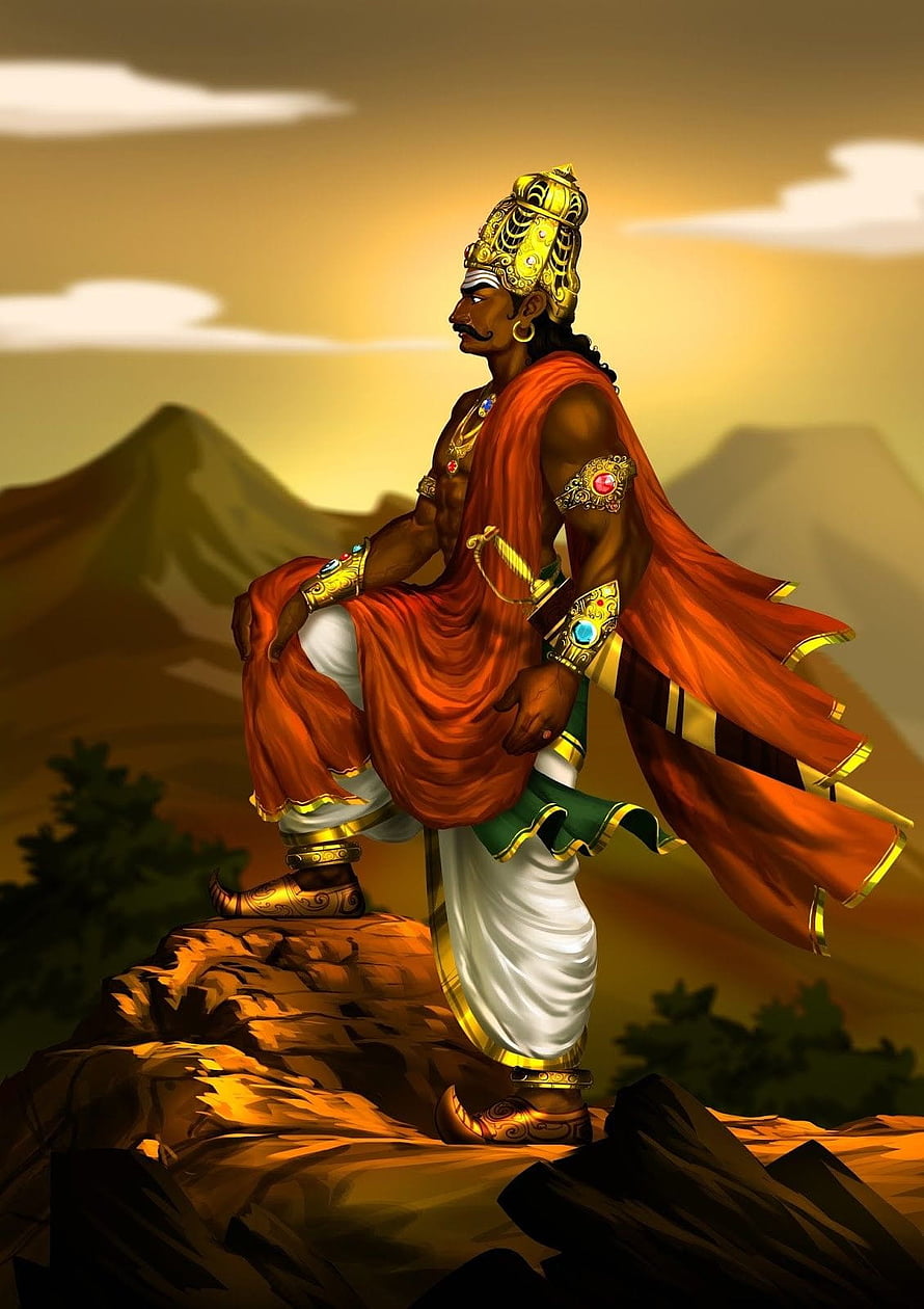 Lord Karna Standing on Rocky Outcrop in Traditional Indian Attire HD phone wallpaper