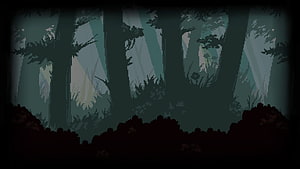 Dark Pixel Art Forest Scene with Misty Trees and Shadowy Undergrowth HD wallpaper