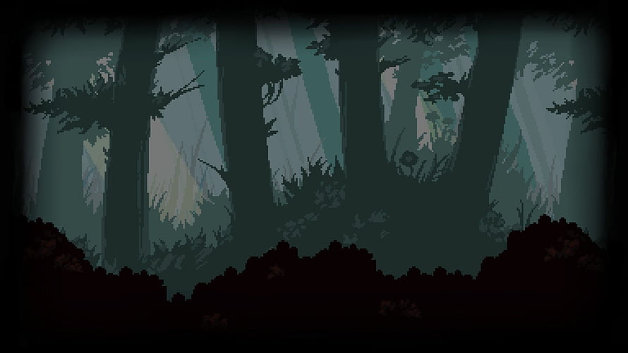 Dark Pixel Art Forest Scene with Misty Trees and Shadowy Undergrowth HD wallpaper