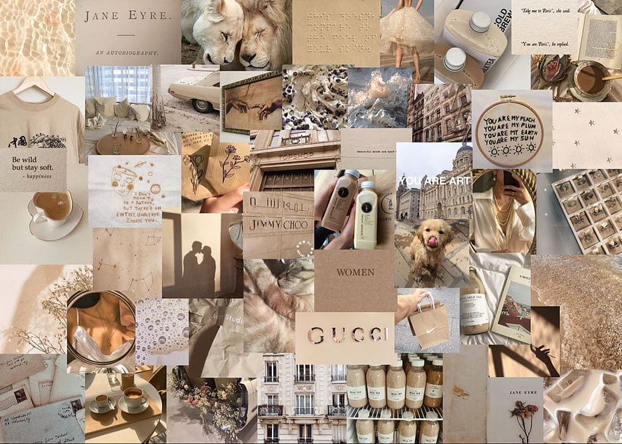 Beige Aesthetic Collage Featuring Gucci, Lions, and Vintage Parisian Street Scenes HD wallpaper