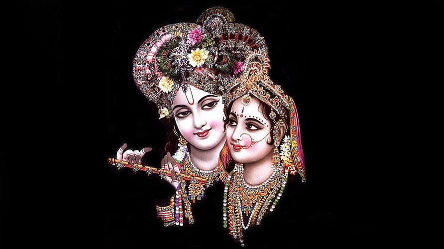 Lord Krishna and Radha in Traditional Indian Art with Flute and Ornate Jewelry HD wallpaper