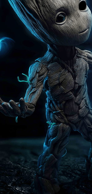 Baby Groot Character Close-Up with Glowing Blue Accents and Wood Texture HD phone wallpaper