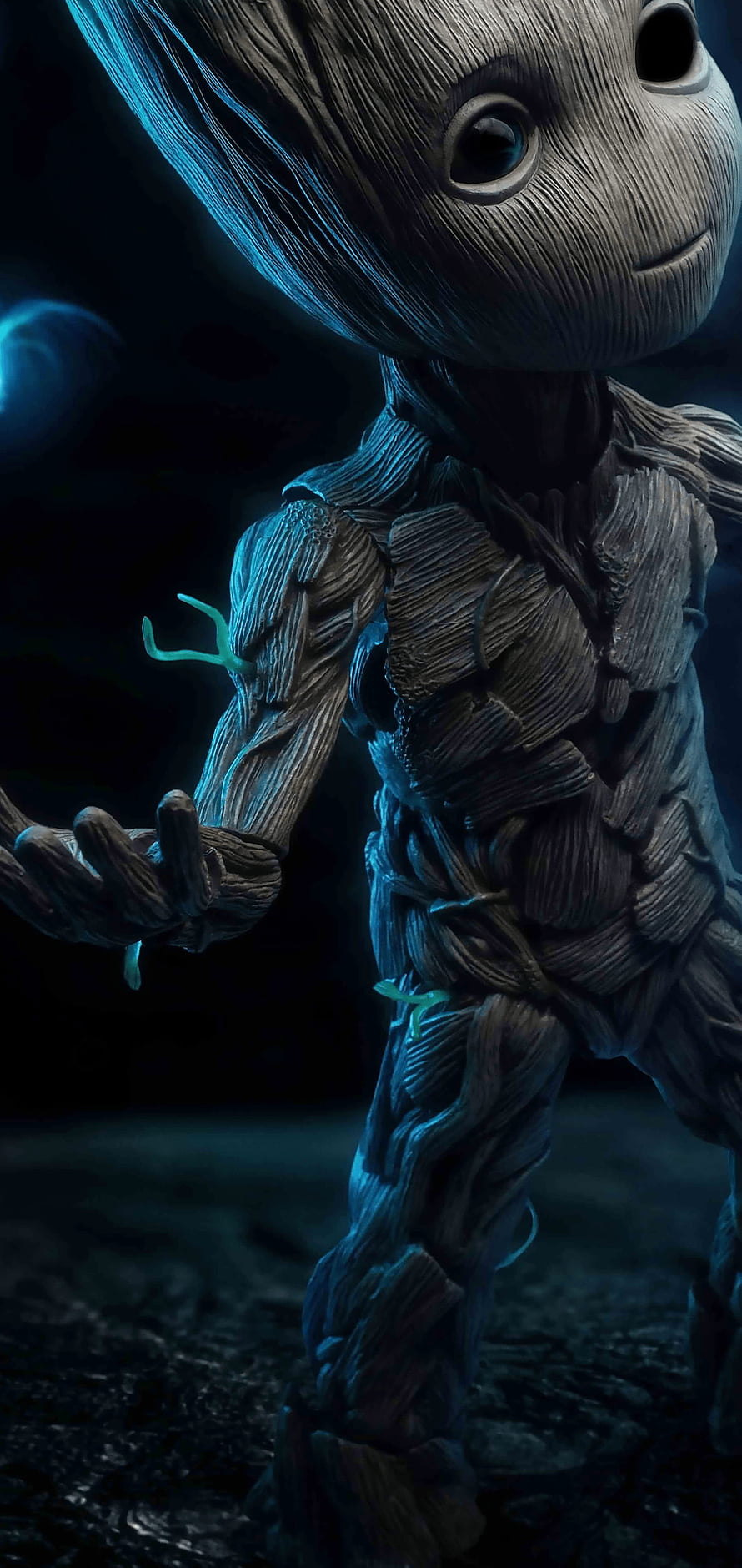 Baby Groot Character Close-Up with Glowing Blue Accents and Wood Texture HD phone wallpaper