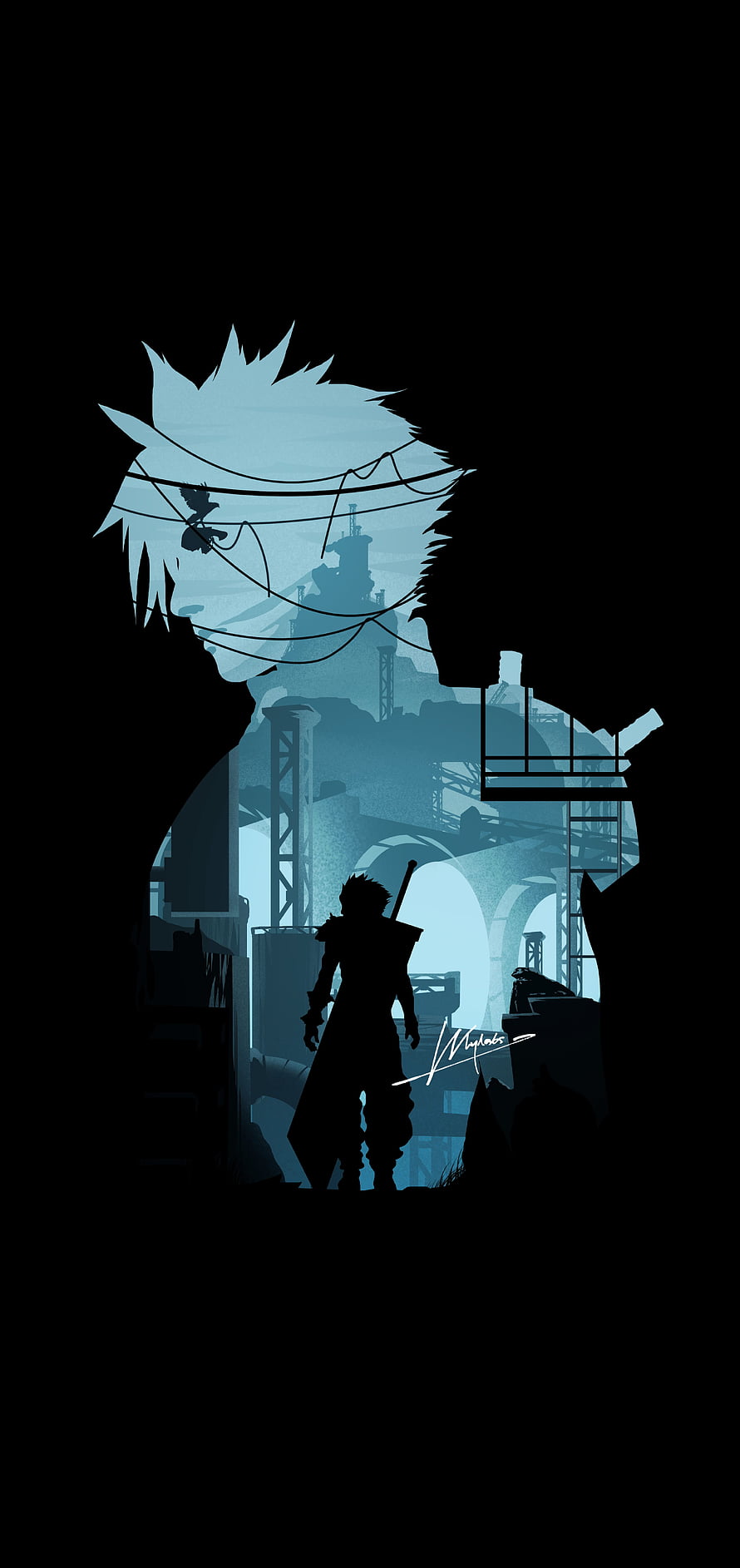 Final Fantasy VII Cloud Strife Silhouette in Industrial Ruins HD phone wallpaper