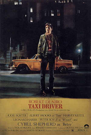 Taxi Driver Movie Poster Featuring Robert De Niro Standing Before a Yellow Cab at Night HD phone wallpaper