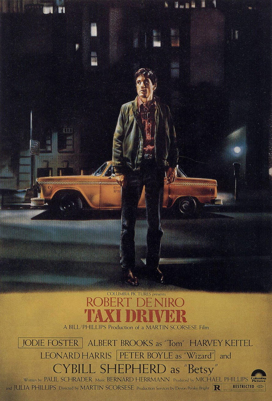 Taxi Driver Movie Poster Featuring Robert De Niro Standing Before a Yellow Cab at Night HD phone wallpaper