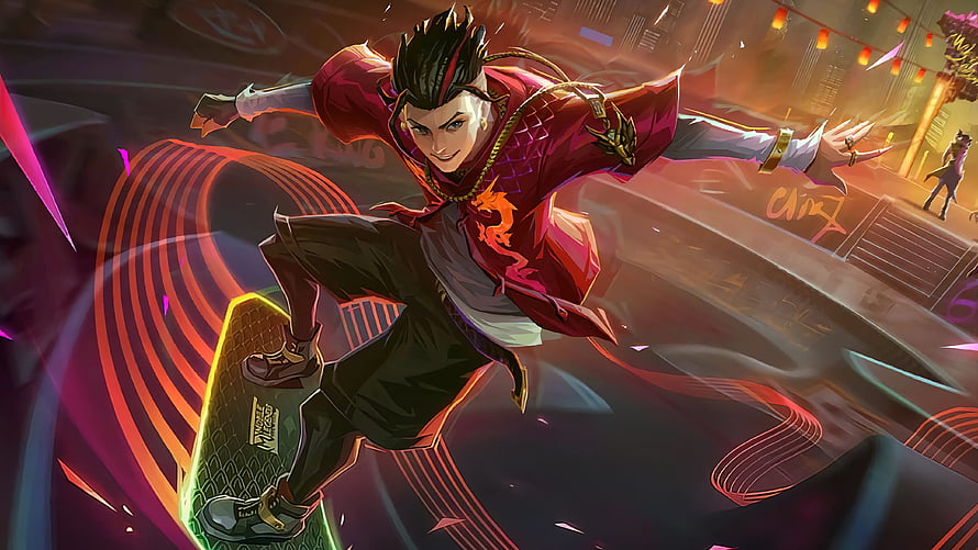 Chou Stun Skin from Mobile Legends in Dynamic Skateboard Action HD wallpaper