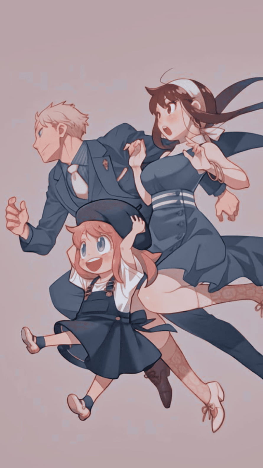 Spy x Family anime trio running together in school uniforms with warm pastel background HD phone wallpaper