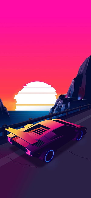 Neon sports car on a coastal highway at sunset in a vibrant retrowave style HD phone wallpaper