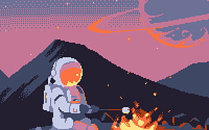 Pixel Art Astronaut Roasting Marshmallows by a Campfire Under a Pink Alien Sky HD wallpaper