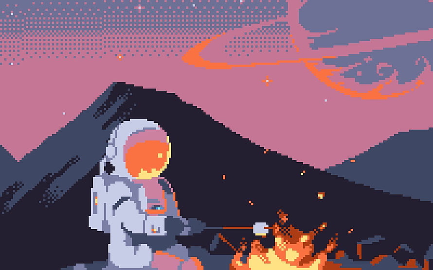 Pixel Art Astronaut Roasting Marshmallows by a Campfire Under a Pink Alien Sky HD wallpaper