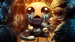 The Binding of Isaac Crying Character Surrounded by Dark Monsters and Skulls HD wallpaper