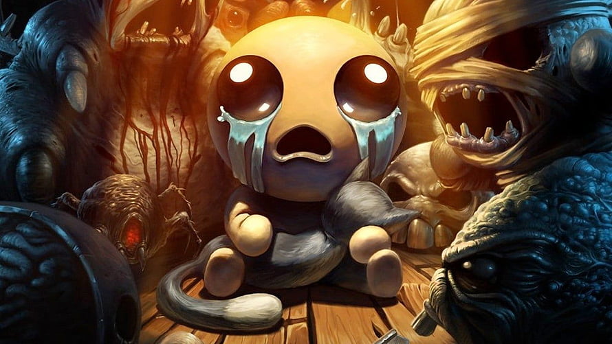 The Binding of Isaac Crying Character Surrounded by Dark Monsters and Skulls HD wallpaper
