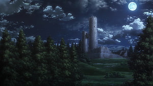 Attack on Titan Nighttime Castle Tower Scenery with Full Moon and Forest HD wallpaper