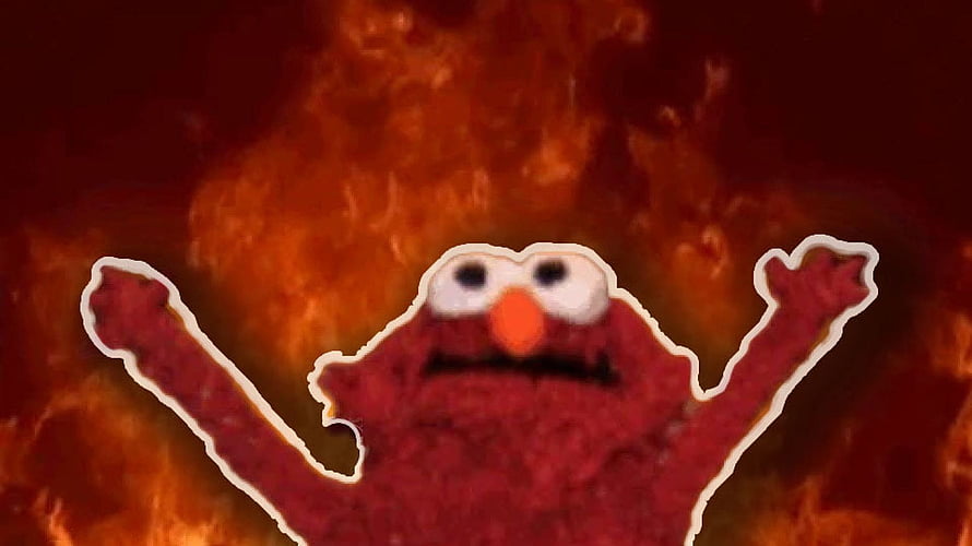 Elmo Celebrating in Front of Intense Flames with Arms Raised in Dramatic Meme Style HD wallpaper