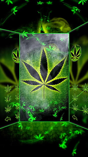 Neon Green Cannabis Leaf Wallpaper with Smoke and Digital Grid Elements HD phone wallpaper